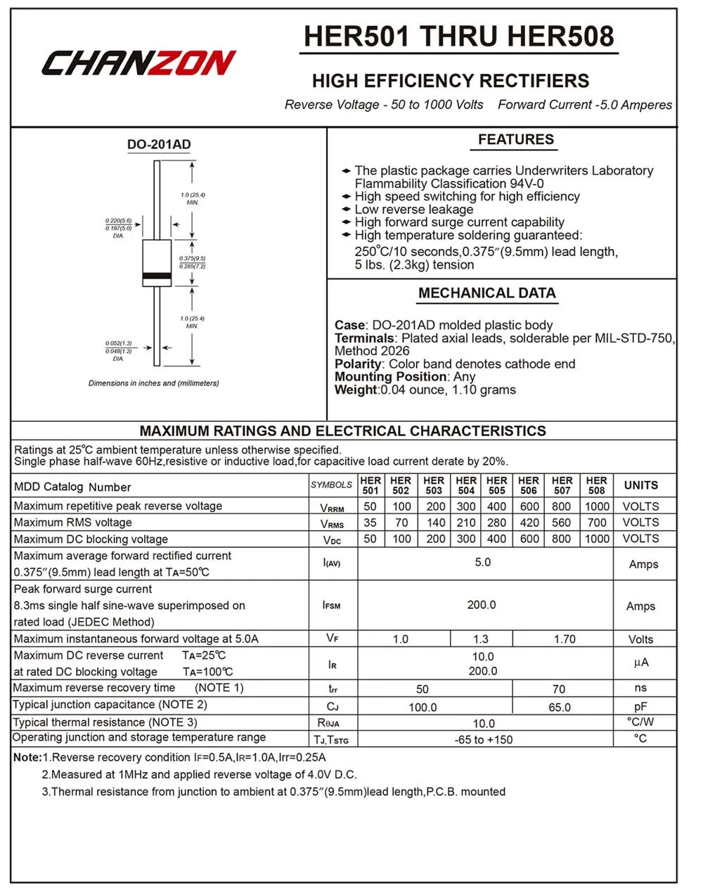 (20 шт.) HER508 высокоэффективный выпрямительный диод 5A 1000 V 50 70ns DO 201AD (DO 27) Axial 5 Amp Вольт