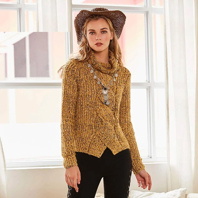 Queenus Women's Yellow Slim Knitwear Sweater 2018 Spring Weave Pattern