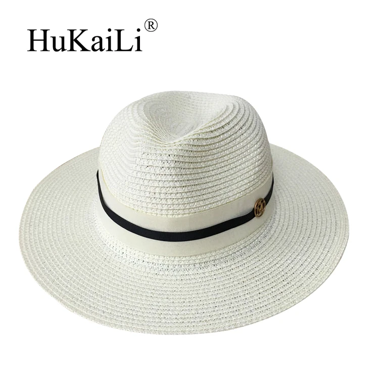 

Double golden metal logo double color ribbon straw hat female elegant black beach hat shading of rice white
