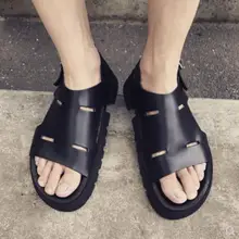 Мужские сандалии-гладиаторы из натуральной кожи; коллекция года; красивые черные пляжные сандалии; mujers; летние мужские повседневные сандалии с вырезами; размер 44