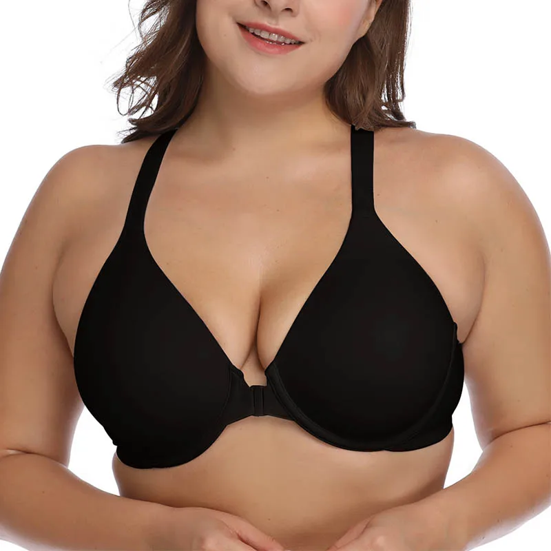 

Women Plus Size Bra Underwire Thin Padded Brassiere Large Cup Underwear Front Buckle Bras 85A-110G Black White Drop Shipping