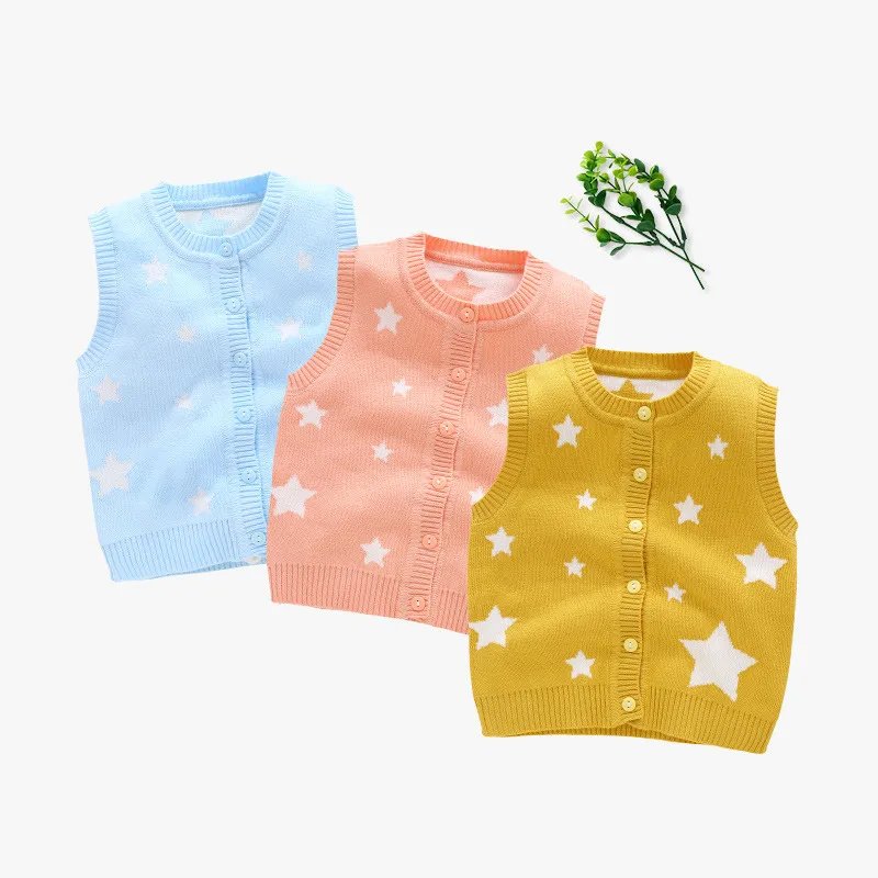 Stars Baby Sweater Vest Infant Kids Boys Girls Round Collar Button Closure Knit Outfit Coat Cotton Soft Comfortable for Spring