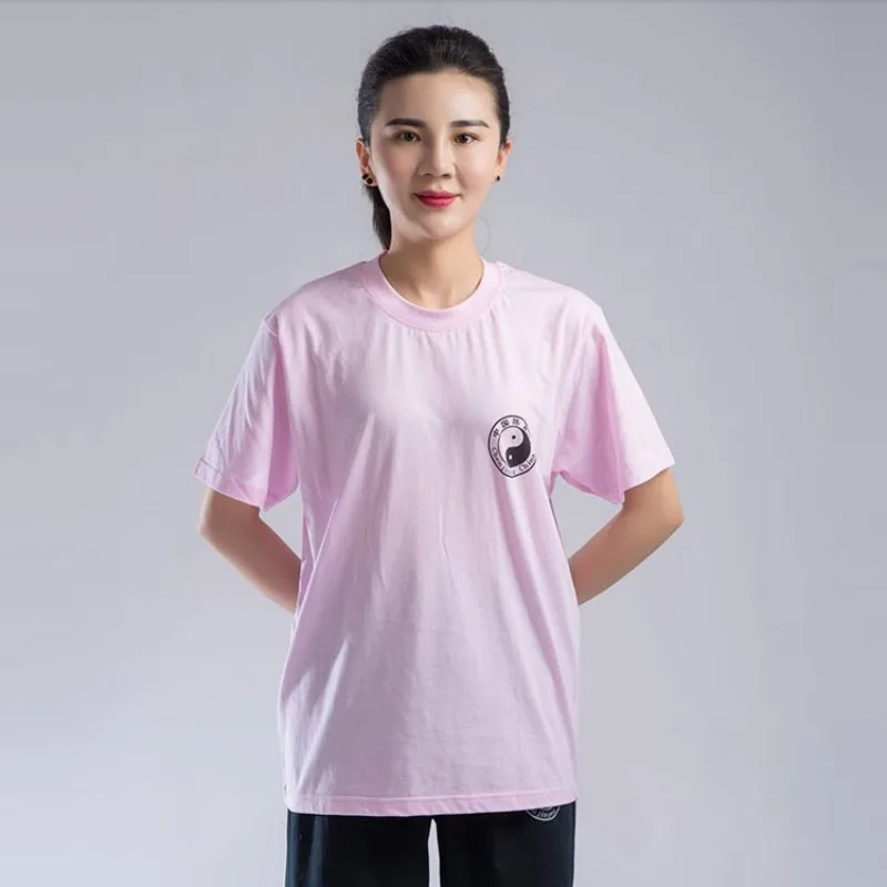 Мужская летняя хлопчатобумажная дышащая Тай Чи униформа, свитер Топы ушу Тренировки Короткий рукав для боевых искусств кунг-фу тренировочная футболка - Цвет: pink
