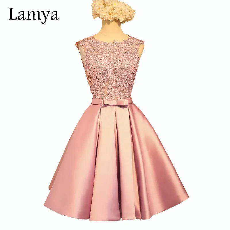Lamya Short A Line Pink Stain Prom Dresses For Women 2016 Lace Wedding Party Fromal Dress Vestido De Festa EV2931 (1)