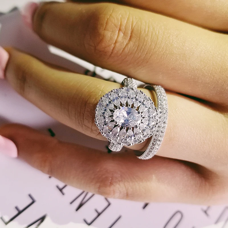 original 925 sterling silver marquise cut oval wedding ring set for women bride engagement Jewelry Band eternity gift R4868