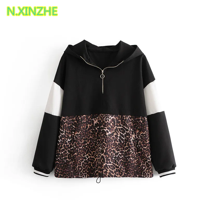 

2018 women clothing long sleeve hooded leopard spliced relaxed sweatshirts hoodies Female casual loose pullovers cotton jumpers