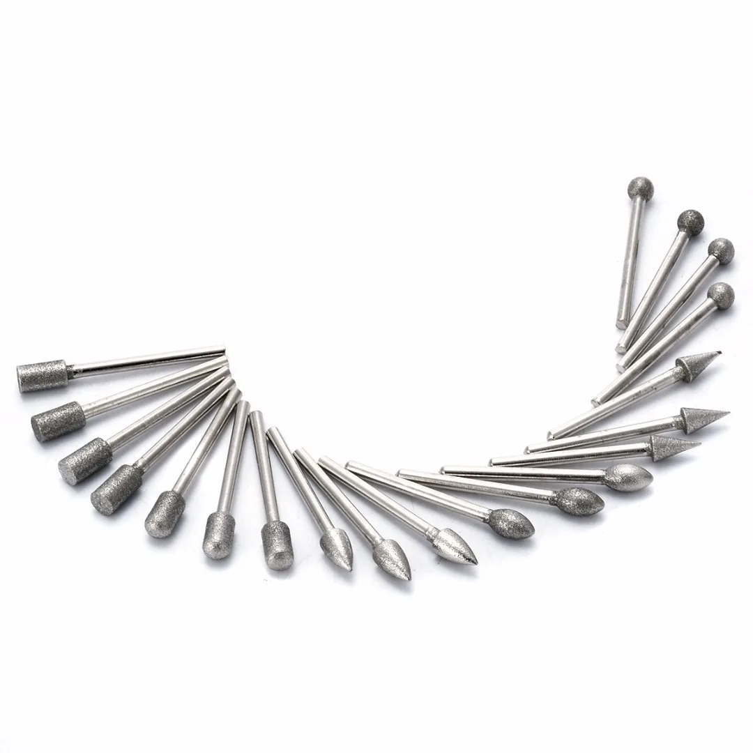 20pcs 3mm Shank Diamond Grinding Heads Mini Drill Burrs Bit Set for Rotary Tool Grinder Mayitr Glass Carving Mold Grinding Tools