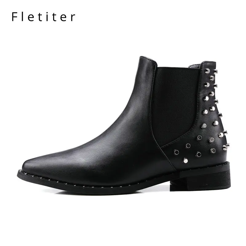 

Fletiter Women Chelsea ankle Boots short plush motorcycle Metal boot platform slip on Pointed toe fashion winter snow boots