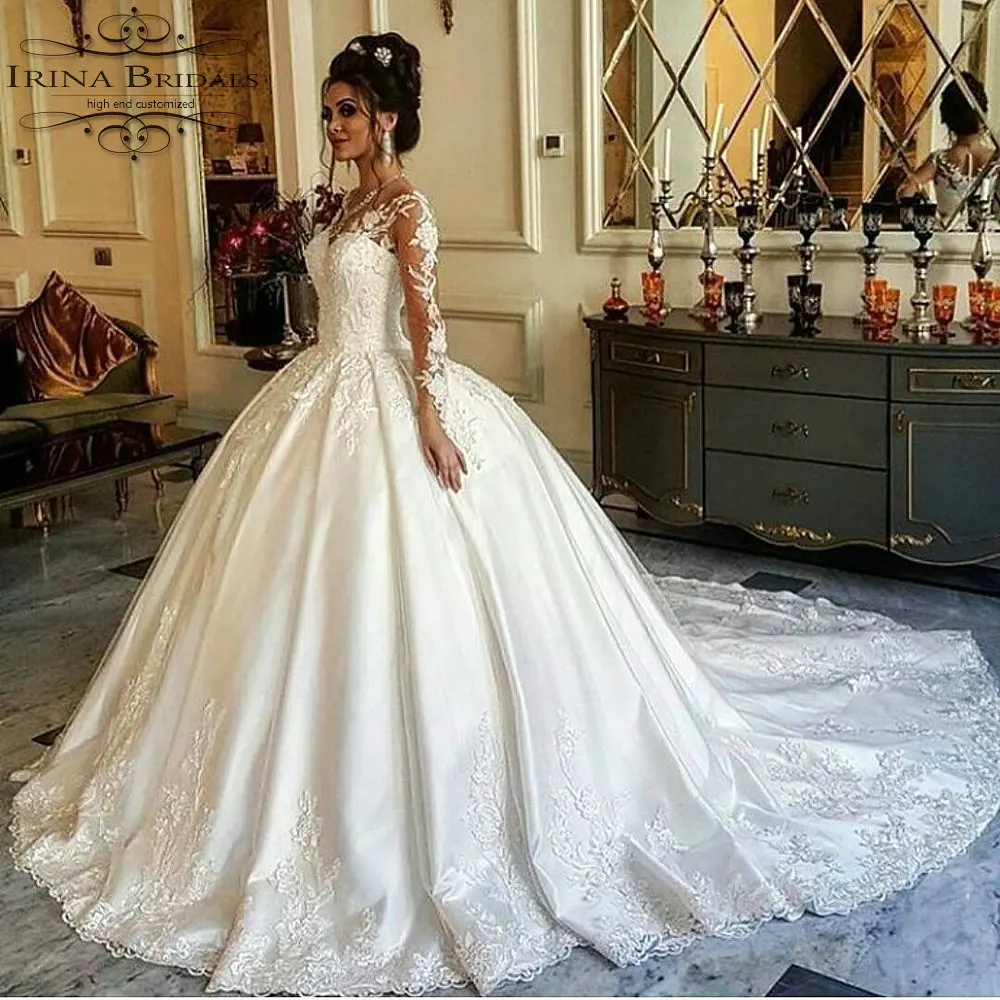 

vestido noiva curto Long Sleeve Lace Appliques Puffy Wedding Dress Princess