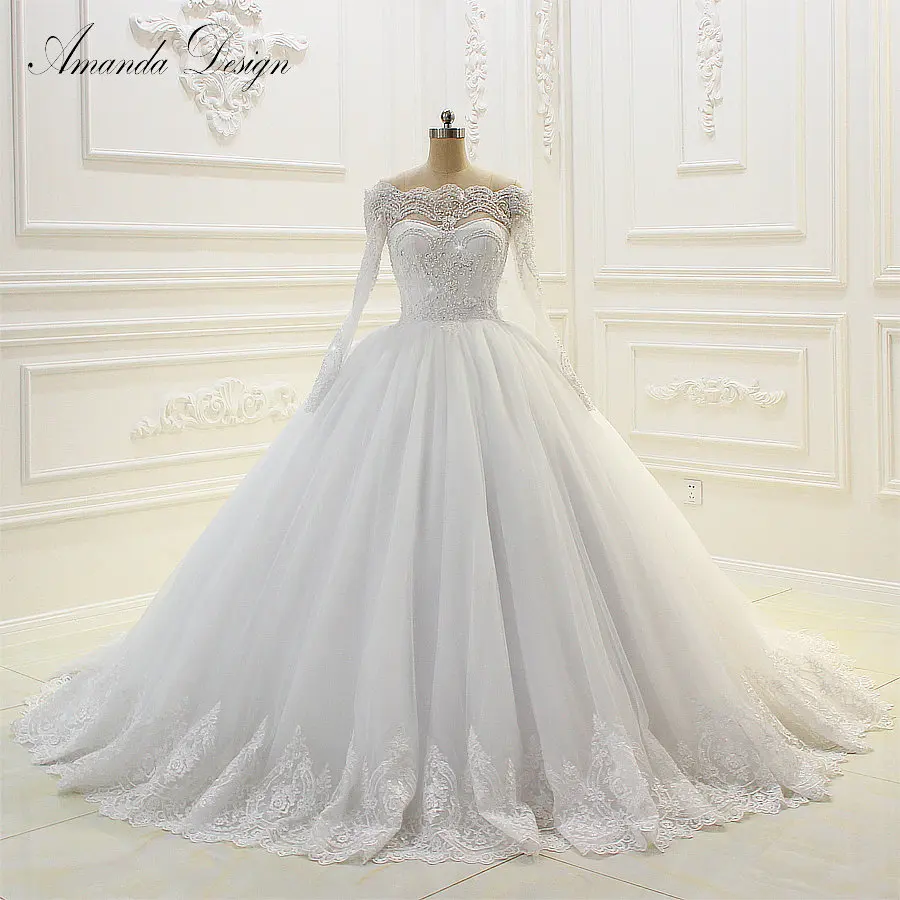 

Popular off the shoulder ball gown embroidery lace wedding dress 2019