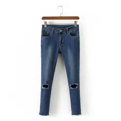 Тенденции моды колено отверстие Штаны, Женский кисточки Slim тонкие джинсы