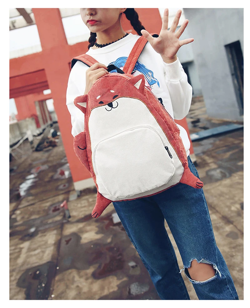 Feminina do Vintage Mochila para Meninas Mulheres Mochila Lona Bonito Raposa Orelha Bordado Veludo Notebook Escola Cão 11 bordado veludo mochila feminina do vintage notebook mochila para meninas escola