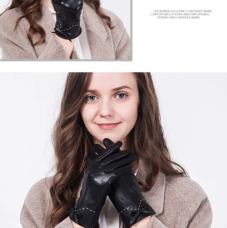 Women's Imitation Leather Gloves Plus Velvet Thicken Touch Screen Korean Mittens Bowknot New Winter Warm Fashion Hand Muff H3241