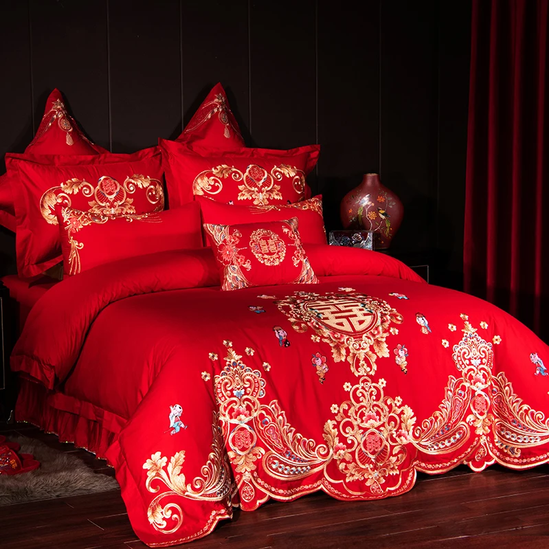 Luxury Gold Royal Embroidery 100% Cotton Red Chinese Style Wedding 4/6/9pcs Bedding Set Duvet Cover