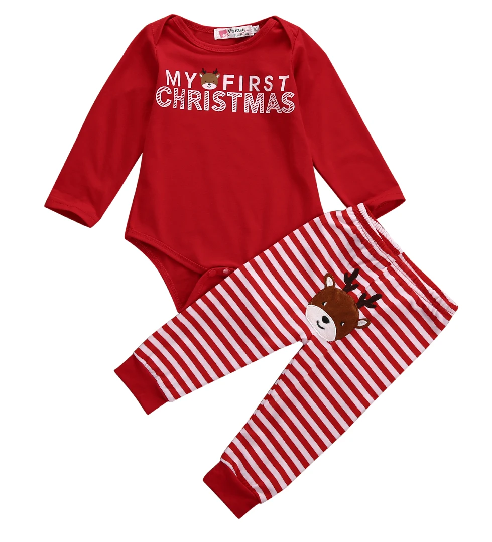 Emmababy Xmas Newborn Baby Boys Girls Christmas Letter Cartoon blen Red Romper Stripe Long Pants Clothes Outfits Winter Set - Цвет: Красный
