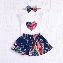 MUQGEW г., летний комплект из 3 предметов для маленьких девочек, кружевной топ с короткими рукавами и цветочным принтом, юбка и повязка на голову, комплект одежды для малышей, Kleding# YL1