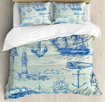 

Nautical Anchor Duvet Cover Set Whale Sail Boat Steering Wheel and Old Lighthouse Fishing Theme Sketchy 4 Piece Bedding Set