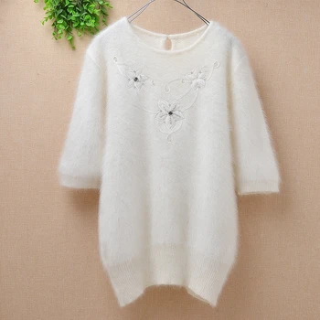

Korea white spring autumn angora rabbit fur embroidery o-neck thin half-sleeve mink cashmere pullover sweater T-shirt women