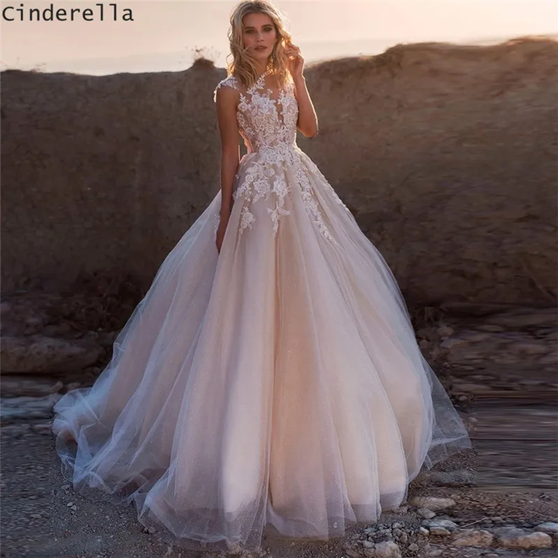 Cinderella Pink Scoop Sleeveless A Line Soft Tulle Lace Applique