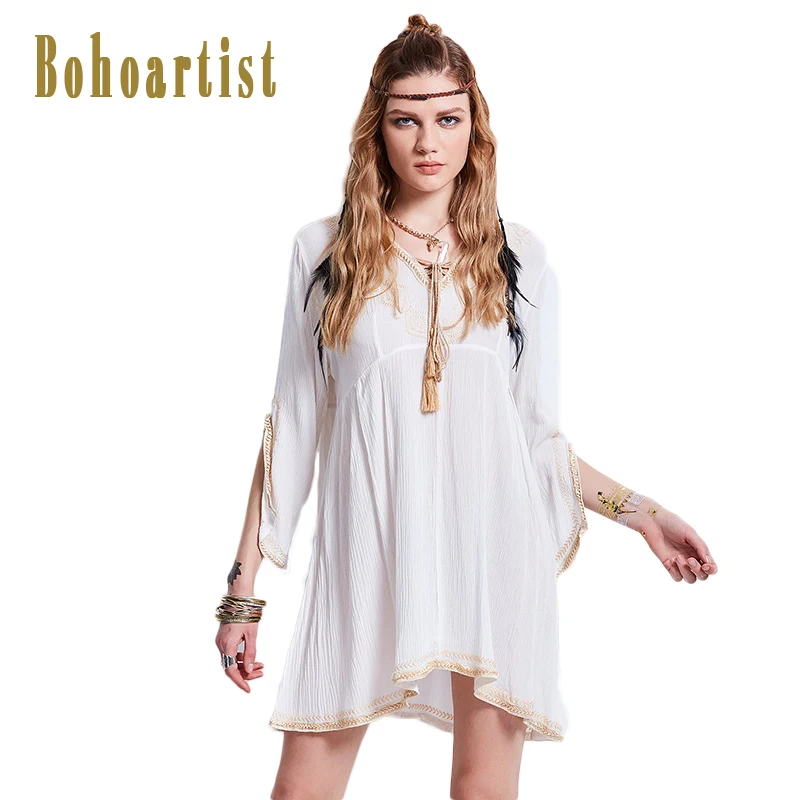 Bohoartist Apparel Women Long T Shirt White Tassel Flare Sleeves Black V Neck Lace Up Tshirt
