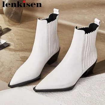 

Lenkisen 2019 new arrival pointed toe cow leather solid slip on chelsea boots med strange heels british style ankle boots L09