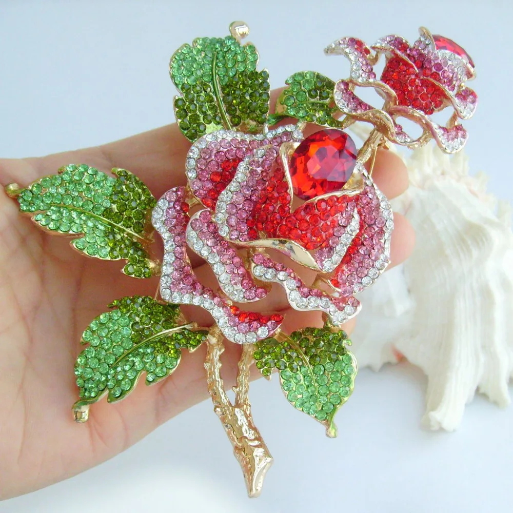 

4.72" Gorgeous Rose Flower Brooch Pin Pendant Red Rhinestone Crystal EE04535C3