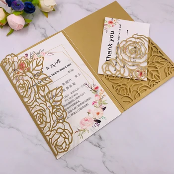 

20+Color Rose Laser Cut Tri-fold Pocket Invitations Cards for Wedding Quinceanera Card with RSVP Card