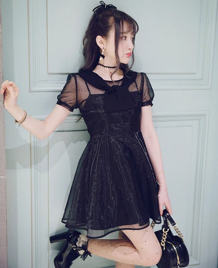 

Princess sweet lolita dress Bobon21 Japanese summer style sweet black or white organza mid-waist A-line short dress D1461
