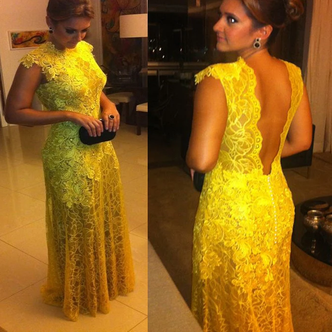 wholesale-A-Best Selling Custom Made kate middleton Chiffon V neck Lace beading floor length celebrity dresses yellow evening dr | Свадьбы и
