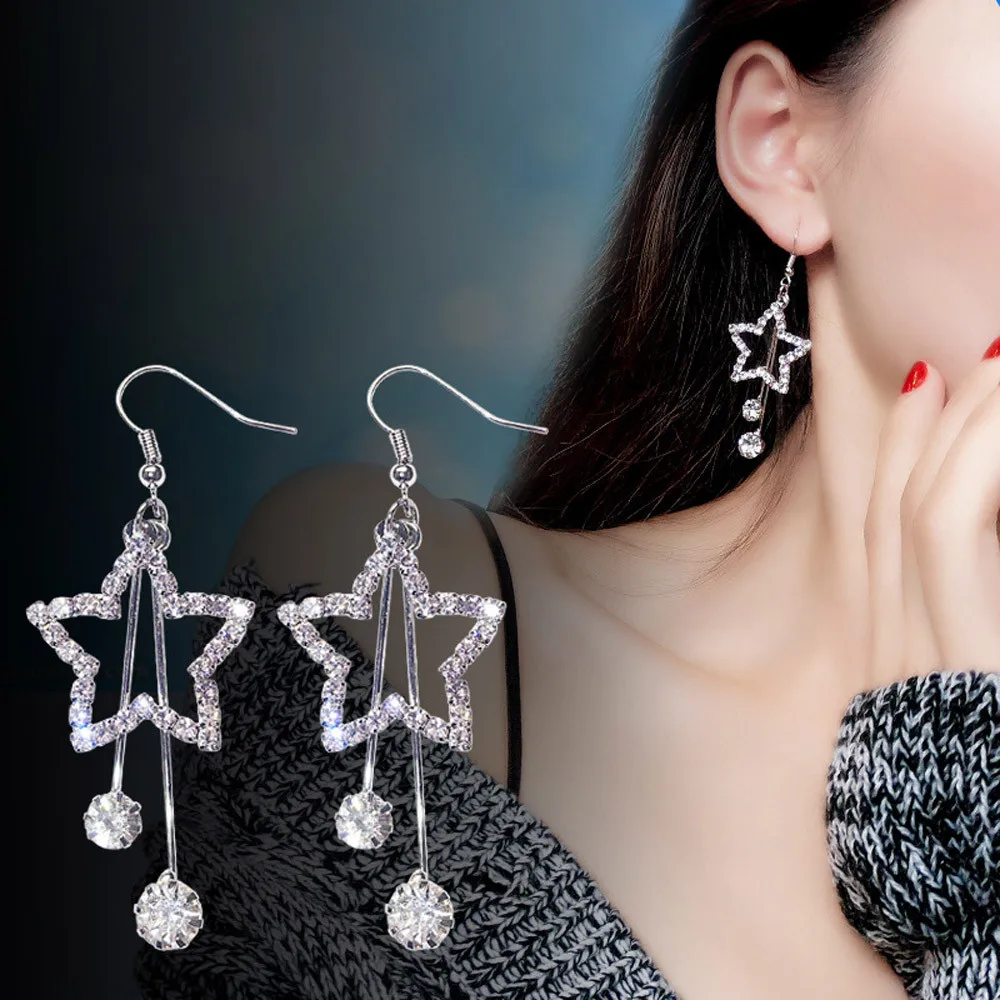 Elegant Women Lady Star Earrings Crystal Ear Stud Dangle Hoops Jewelry Gifts 10.8in Jewelry