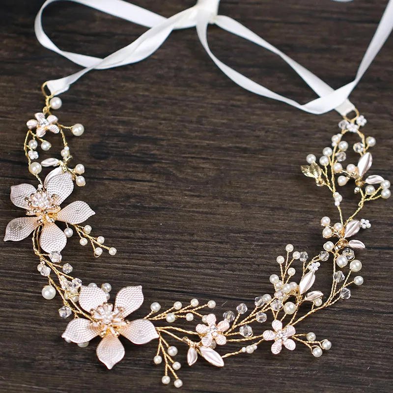 

33cm Long Copper Wire Headband Luxury Metal White Flower Wedding Hair Accessories Pearls Plait Jewelry Tiaras Coroa Vine Ribbon