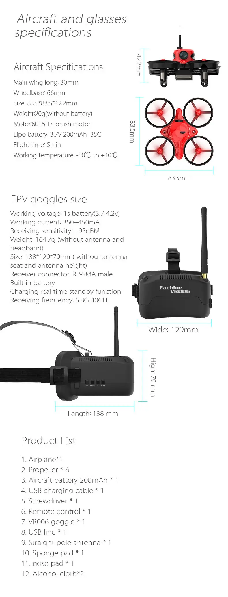 Eachine E013 микро FPV гоночный Квадрокоптер RTF с 5,8G 1000TVL 40CH Камера VR006 VR-006 3 дюймов очки гарнитура