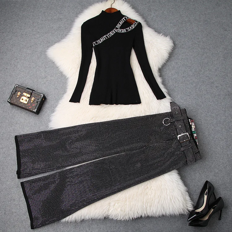 Женский черный сексуальный облегающий вязаный свитер с вырезами, топы с буквами+ Шикарные Длинные штаны с широкими штанинами, костюмы, комплект из 2 предметов, новинка весны - Цвет: Черный