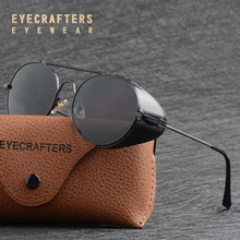 Черные металлические винтажные готические стимпанк Солнцезащитные очки для мужчин и женщин с боковым покрытием зеркальные черные ретро круглые солнцезащитные очки