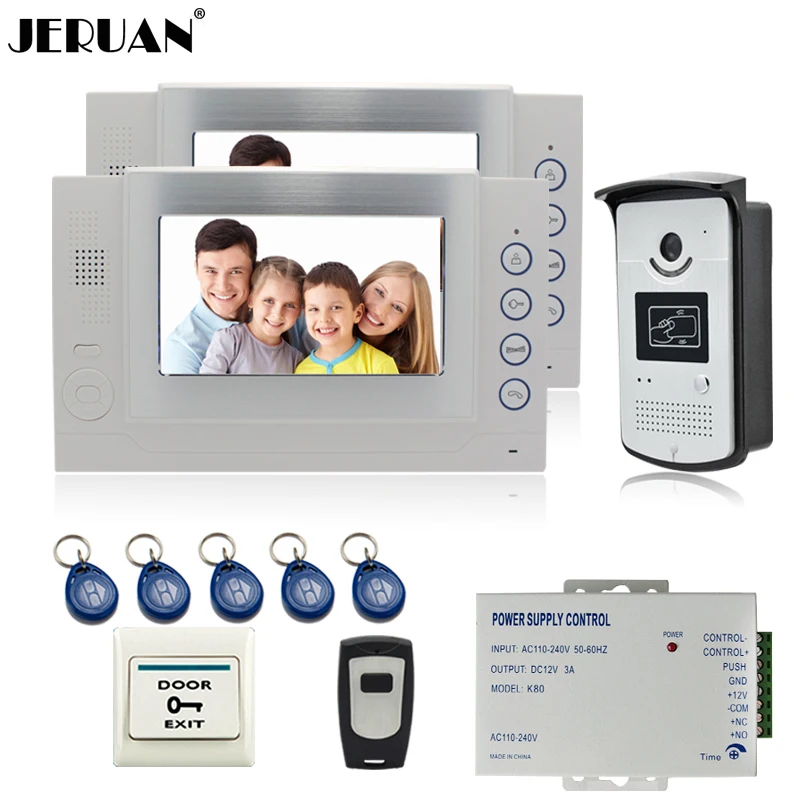 JERUAN 7`` video door phone intercom system home security system access control system video recording +power supply+exit button