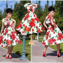 Большая распродажа, Женские Ретро стиль 50-х, Юбка с высокой талией с цветочным узором в виде роз, платье пинап с миди рокабилли качели с добавлением хлопка с нарисованными большими размера плюс, повседневная одежда, vestidos