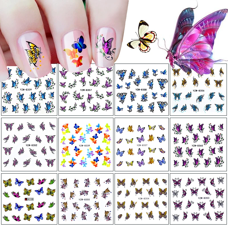 

12 Designs Nail Sticker Butterfly Patterns Decals Water Transfer Image Tattoos Nail Art Decorations Sticker Tips Set