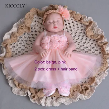 

2017 New Baby Girl Dress Summer Baby Pink Flowers Chiffon Princess Clothes Newborn Birthday Party Dresses Baptism Clothing 2Pcs