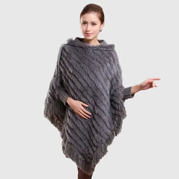 

Fur Story 070121A Hot Sale Women's Handmade Knitted Real Rabbit Fur Poncho Hooded Autumn Winter Fur Pashmina Free Shipping
