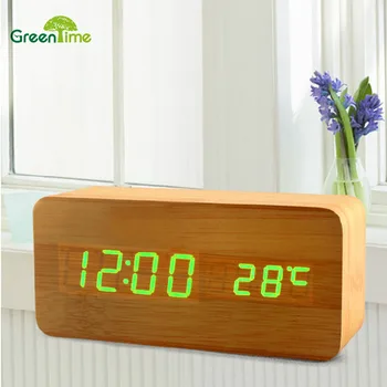 

Creative Desk Clock Sound LED Wood Electronic Alarm Clock PVC Material Thermometer Alarm Calendar Function Table Clocks