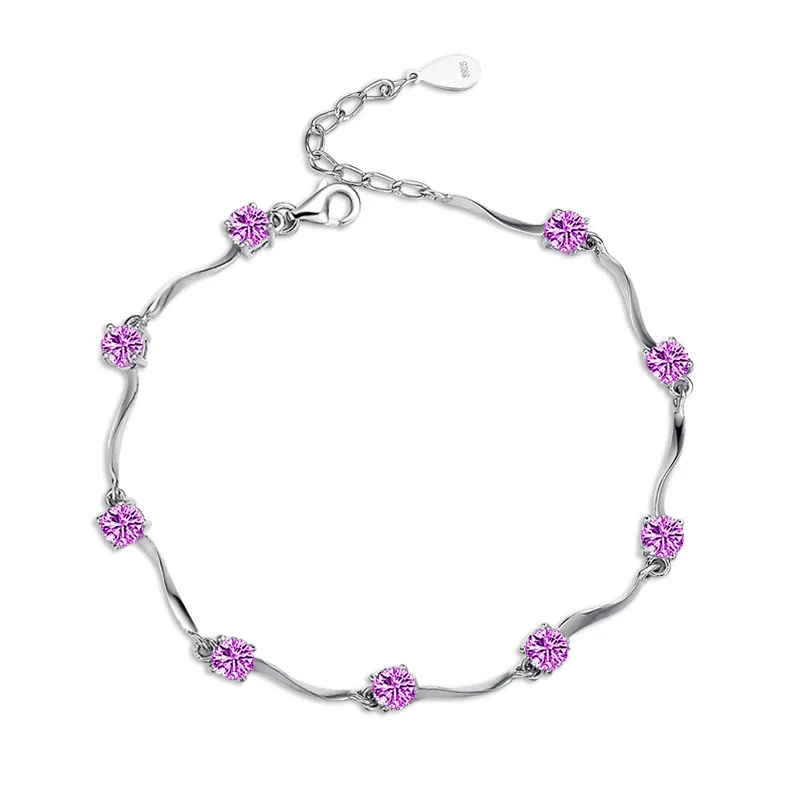 S925 Sterling Silver Bracelet & Bangle Link Chain Bracelets for Women Cool with Purple Zircon Tide Romance | Украшения и