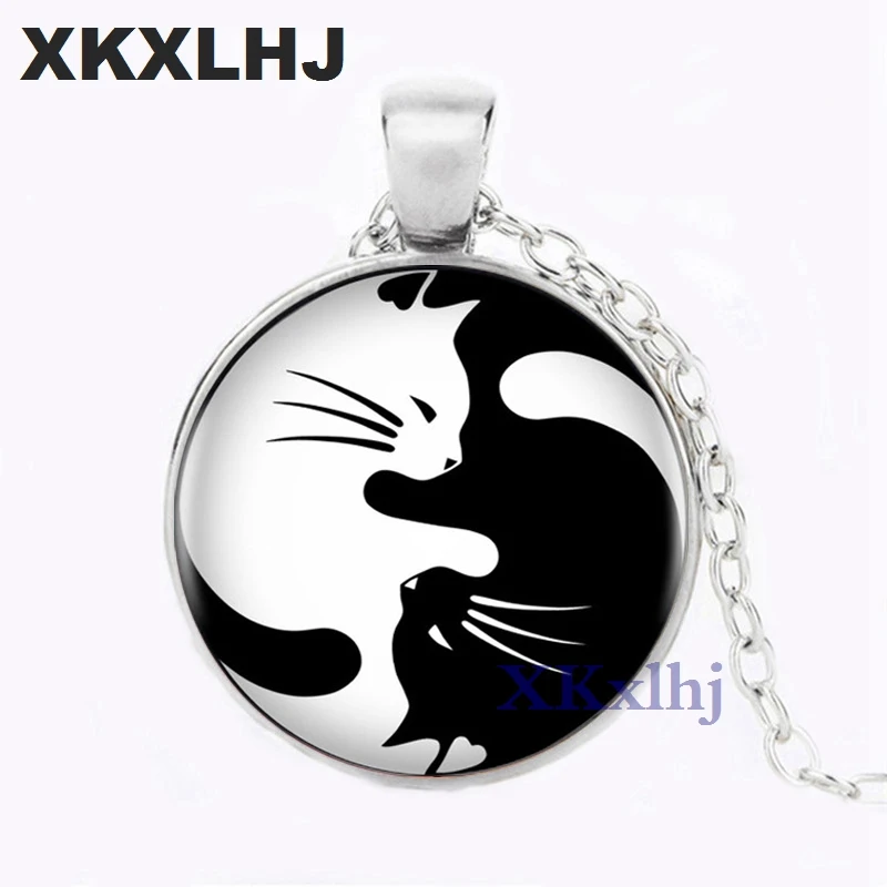 

XKXLHJ Vintage Two Yin Yang Cats Necklace Pendant Kolye Cabochon Long Chain Statement Necklace For Fashion Women Men