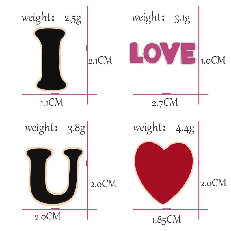 4Pce/комплект эмалированные булавки буквы "I LOVE U" в форме сердца Броши для женщин и мужчин металлический значок с лацканами модные ювелирные аксессуары