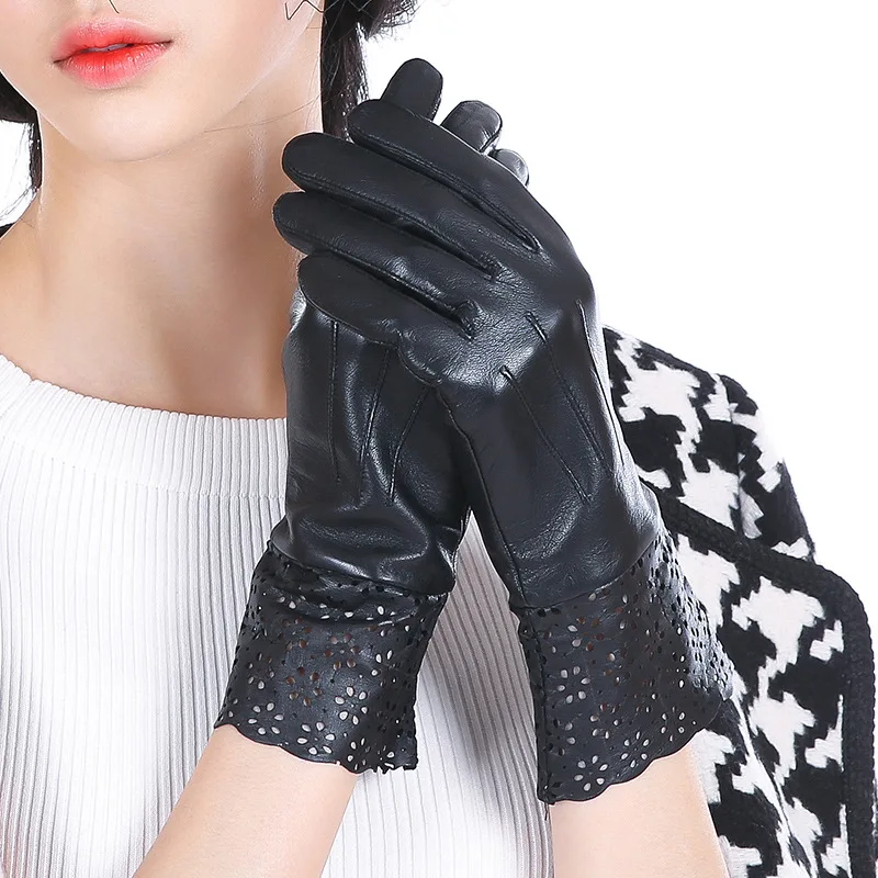 Fashion Women Black Leather Gloves Winter Thin Silky Lining Driving