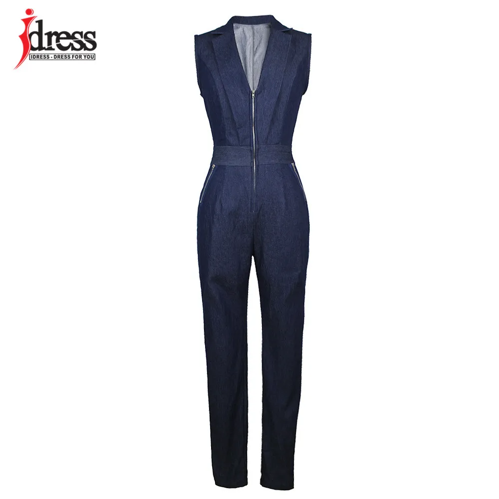 IDress Women Jeans Jumpsuit Denim Long Pants Sexy Deep V Neck Slim Overalls Jumpsuit Girl Sleeveless Club Wear Bodysuit Romper (8)