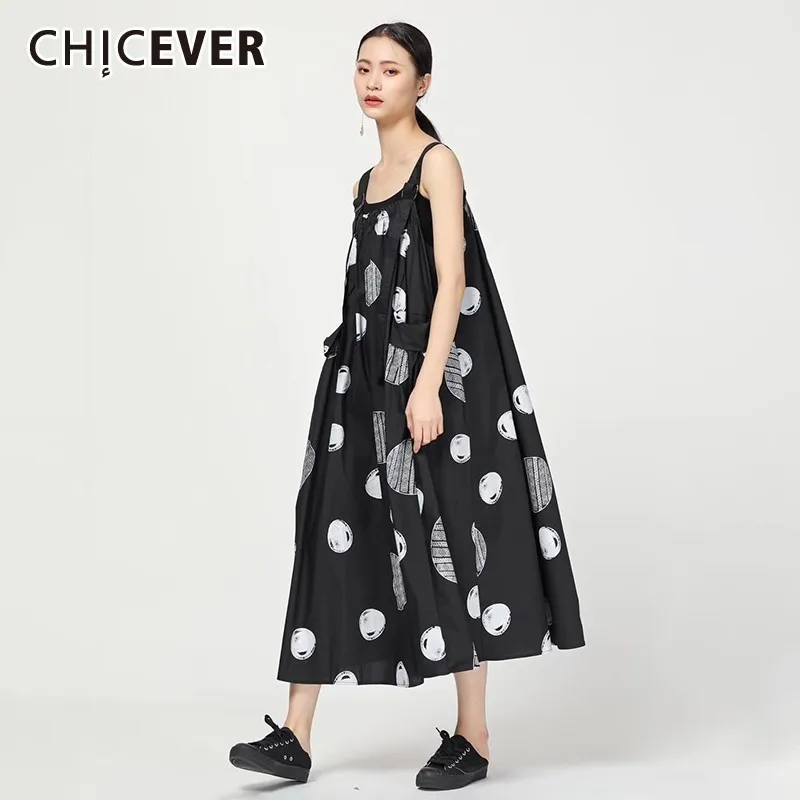 

CHICEVER Summer Casual Dot Print Women Dress Square Collar Spaghetti Strap Pockets Loose Plus Size A-line Dresses 2019 Fashion