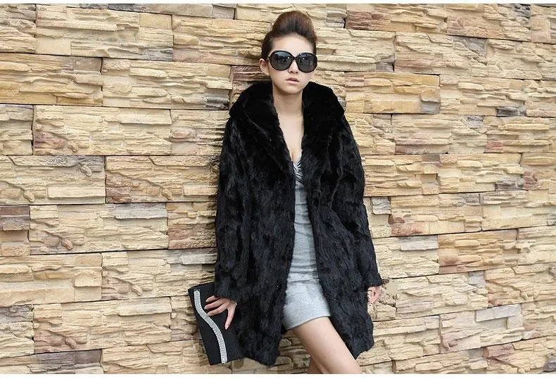 Горячая Распродажа новая зимняя модная куртка из искусственного меха черная тонкая теплая Роскошная длинная куртка с капюшоном пальто из меха кролика