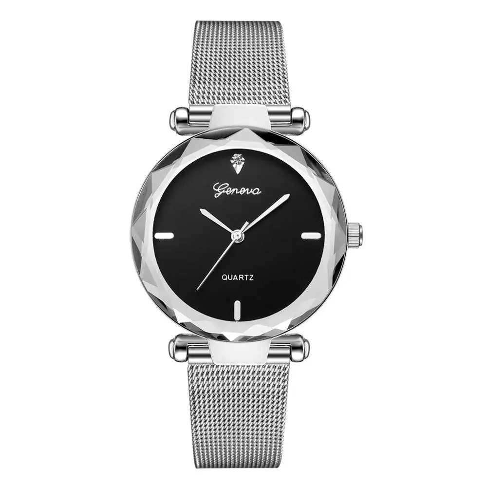 Женские часы Geneva модные сетчатые часы из нержавеющей стали с бриллиантовым циферблатом Аналоговые кварцевые наручные часы Reloj mujer простые нарядные часы XB40 - Цвет: A
