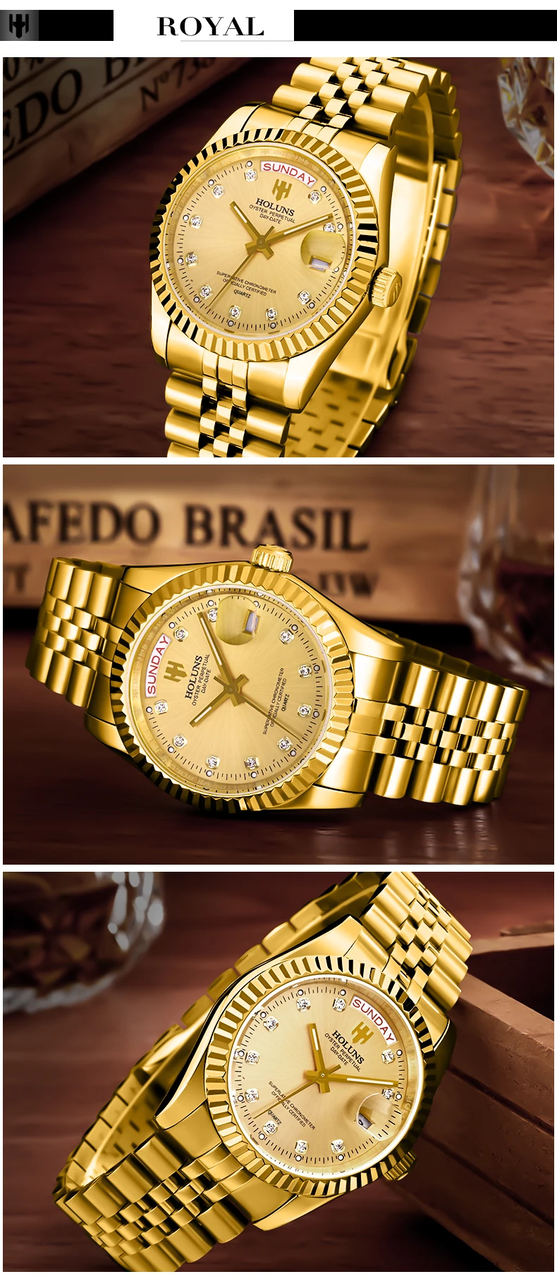 Holuns мужские часы Роскошные Топ брендовые золотые бриллиантовые кварцевые часы из нержавеющей стали с календарем Мужские наручные часы