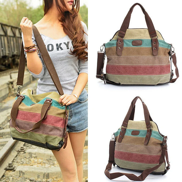 Preise 2019 neue Frauen Zipper Leinwand Bunte Gestreiften Crossbody Handtasche Geldbörse Satchel Große Kapazität Messenger Tote Schulter Tasche